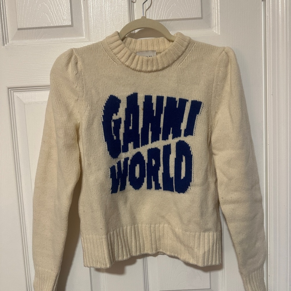 Ganni Cream Sweater with Bold Blue Logo